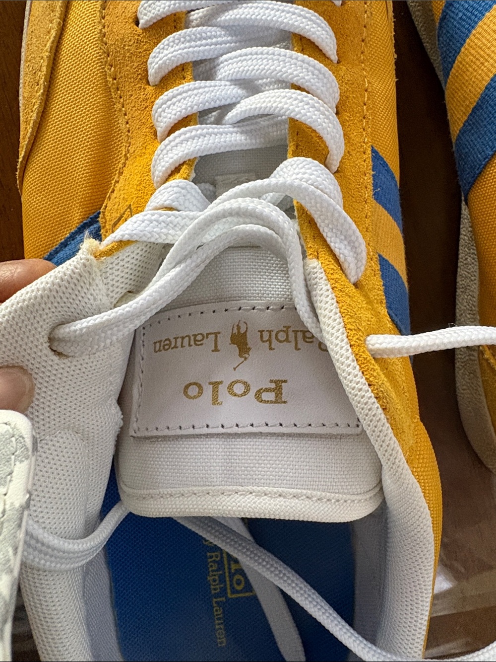 Polo by Ralph Lauren Men’s Yellow Sneakers with Blue Stripes - Picture 3 of 5